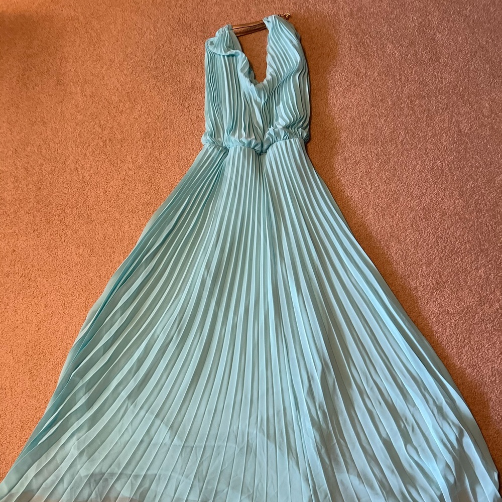 MSK light blue evening gown with gold neck band